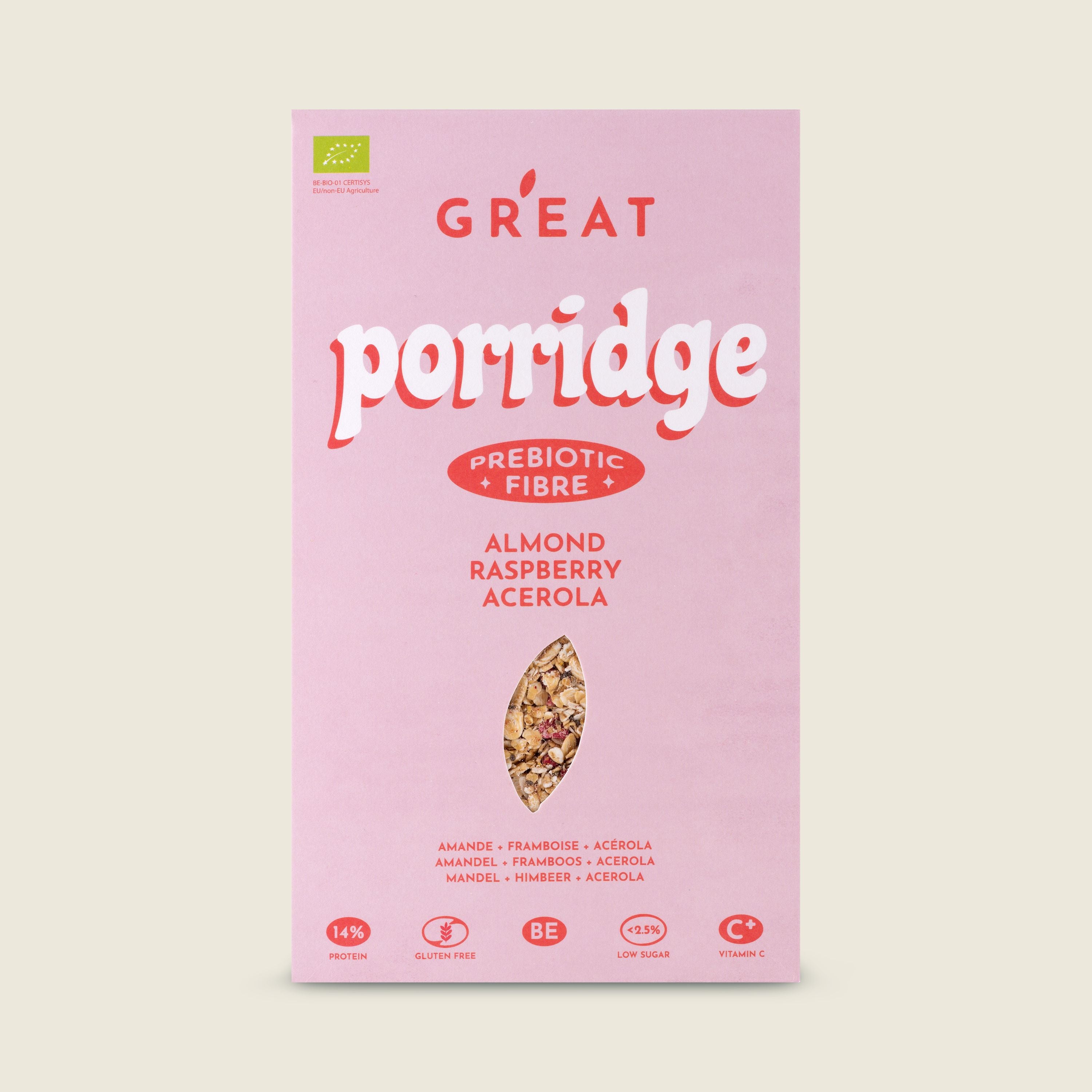 GR’EAT Granola Ovesná kaše s příchutí maliny, mandlí a aceroly, BIO, 400g
