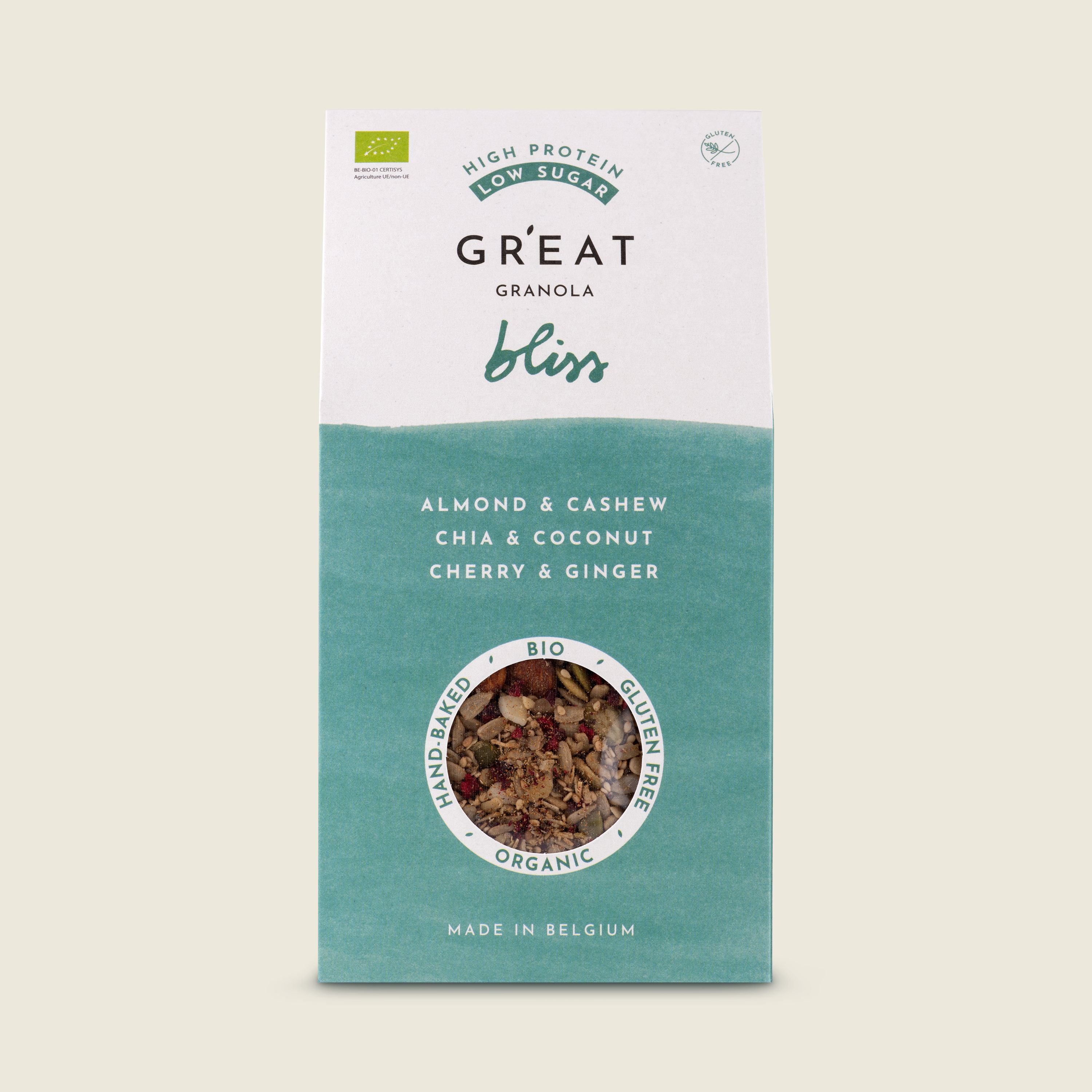 GR’EAT Granola Bliss s mandlemi, kešu, chia semínky, kokosem, třešněmi a zázvorem, BIO, 300g
