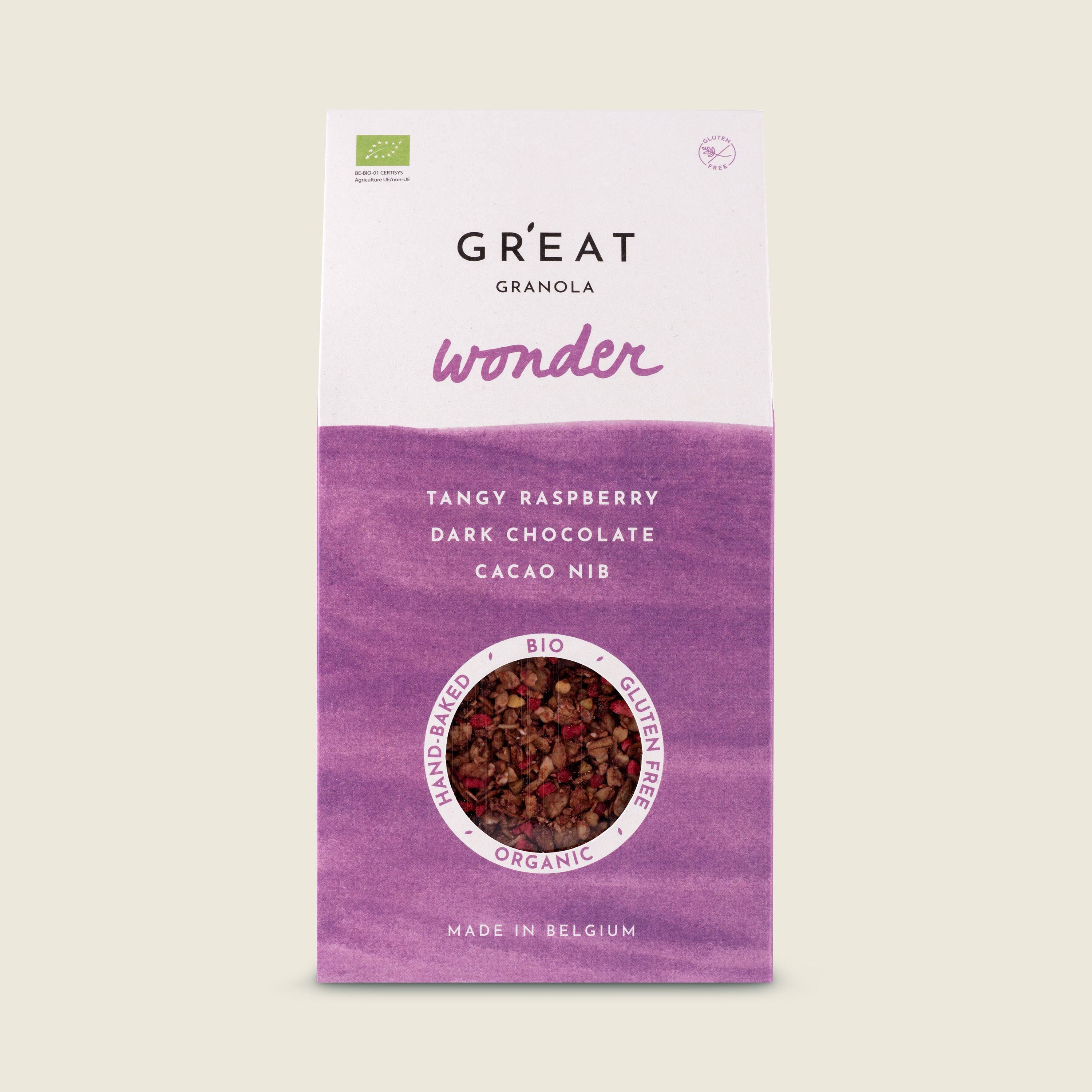 GR’EAT Granola Wonder s malinami, hořkou čokoládou a kakaovými boby, BIO, 300g