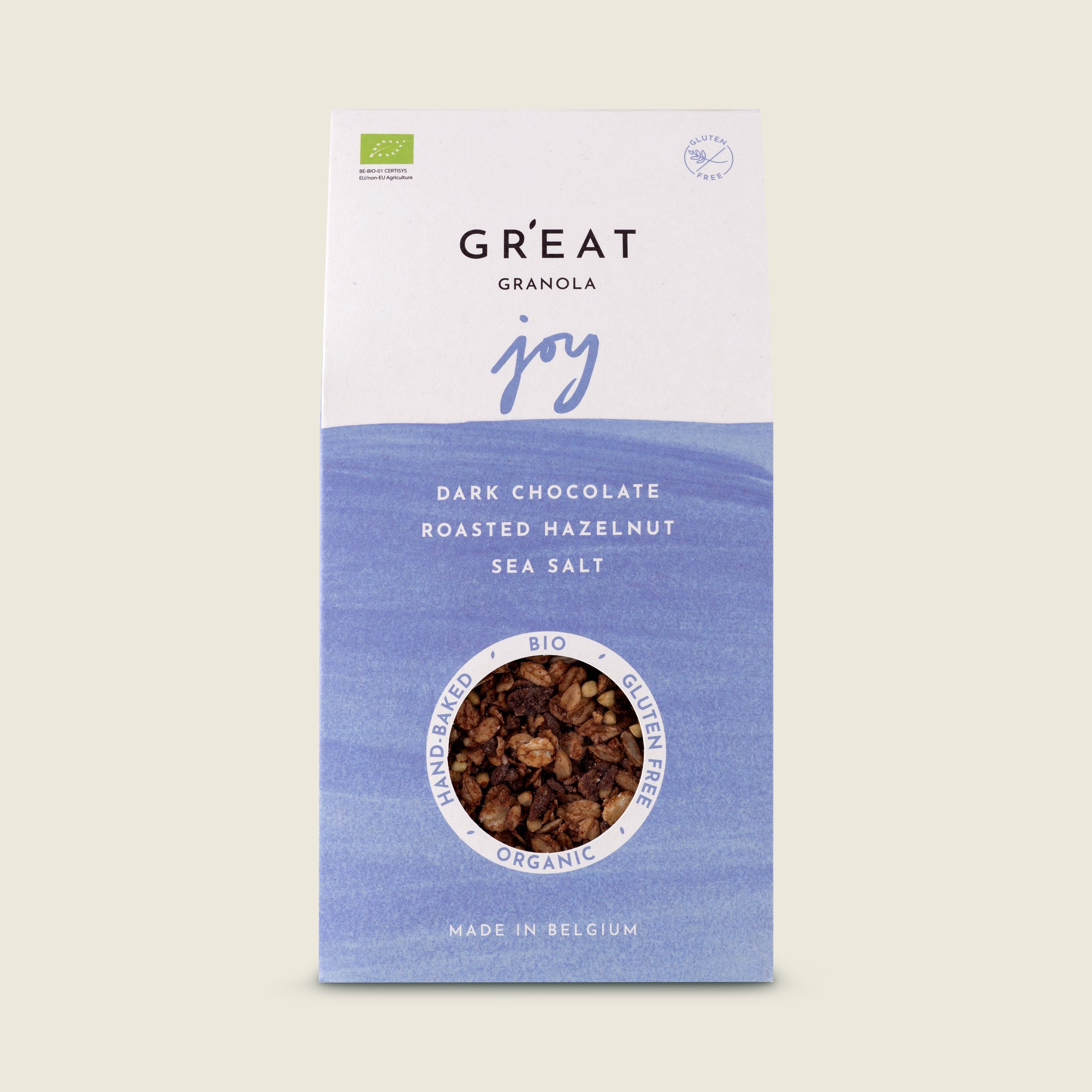 GR’EAT Granola Joy s hořkou čokoládou, praženými lískovými ořechy a mořskou solí, BIO, 300g