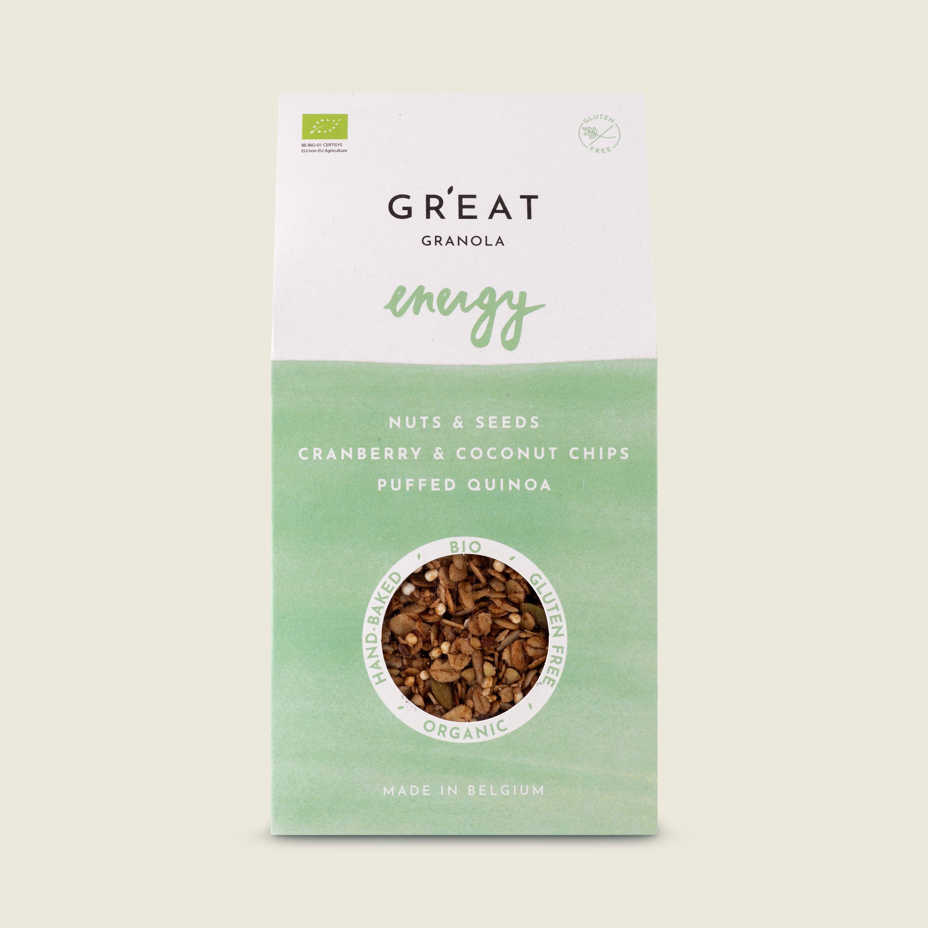 GR’EAT Granola Energy s brusinkami, kokosovými chipsy a pufovanou quinoou, BIO, 300g