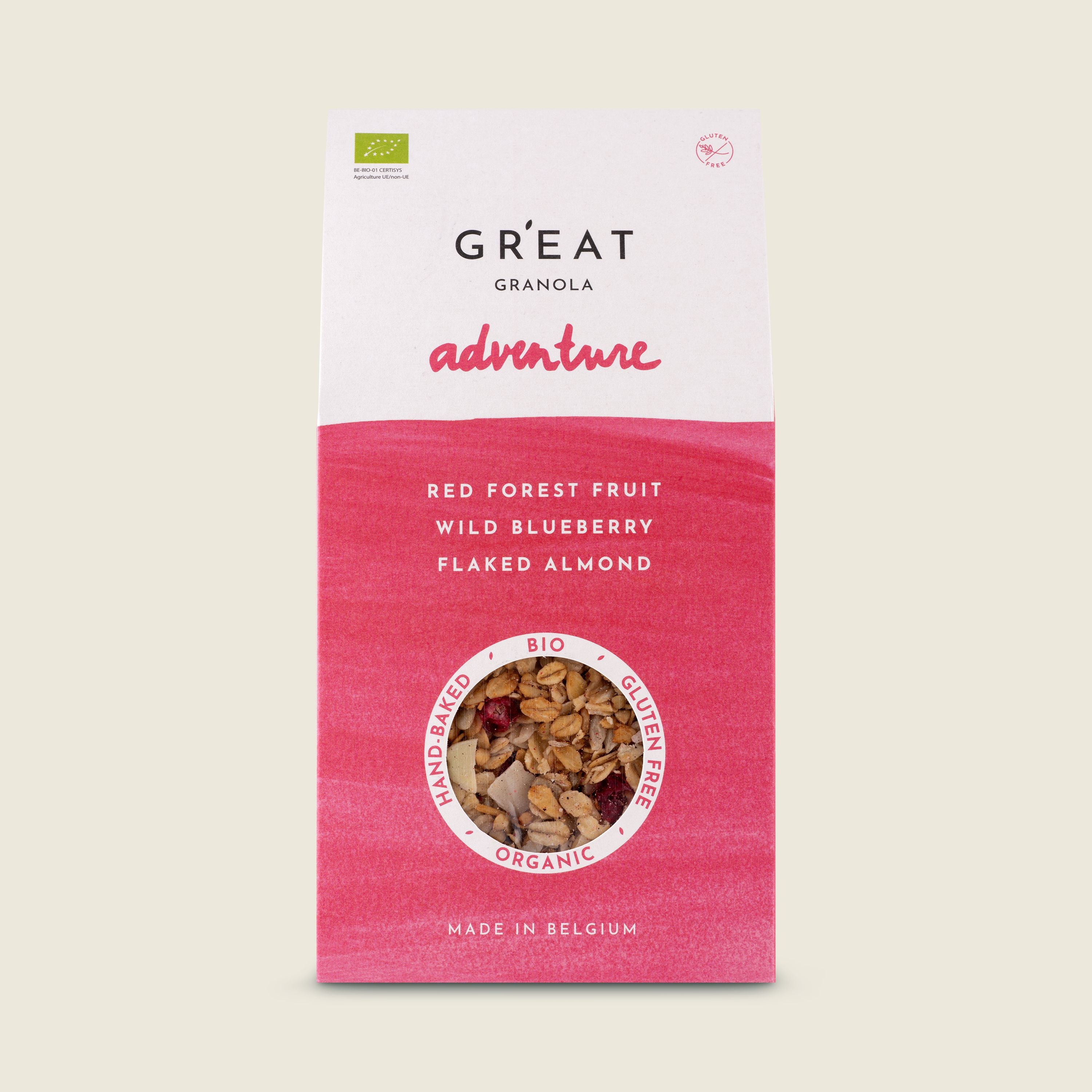 GR’EAT Granola Adventure s lesním ovocem, divokými borůvkami a mandlovými plátky, BIO, 300g