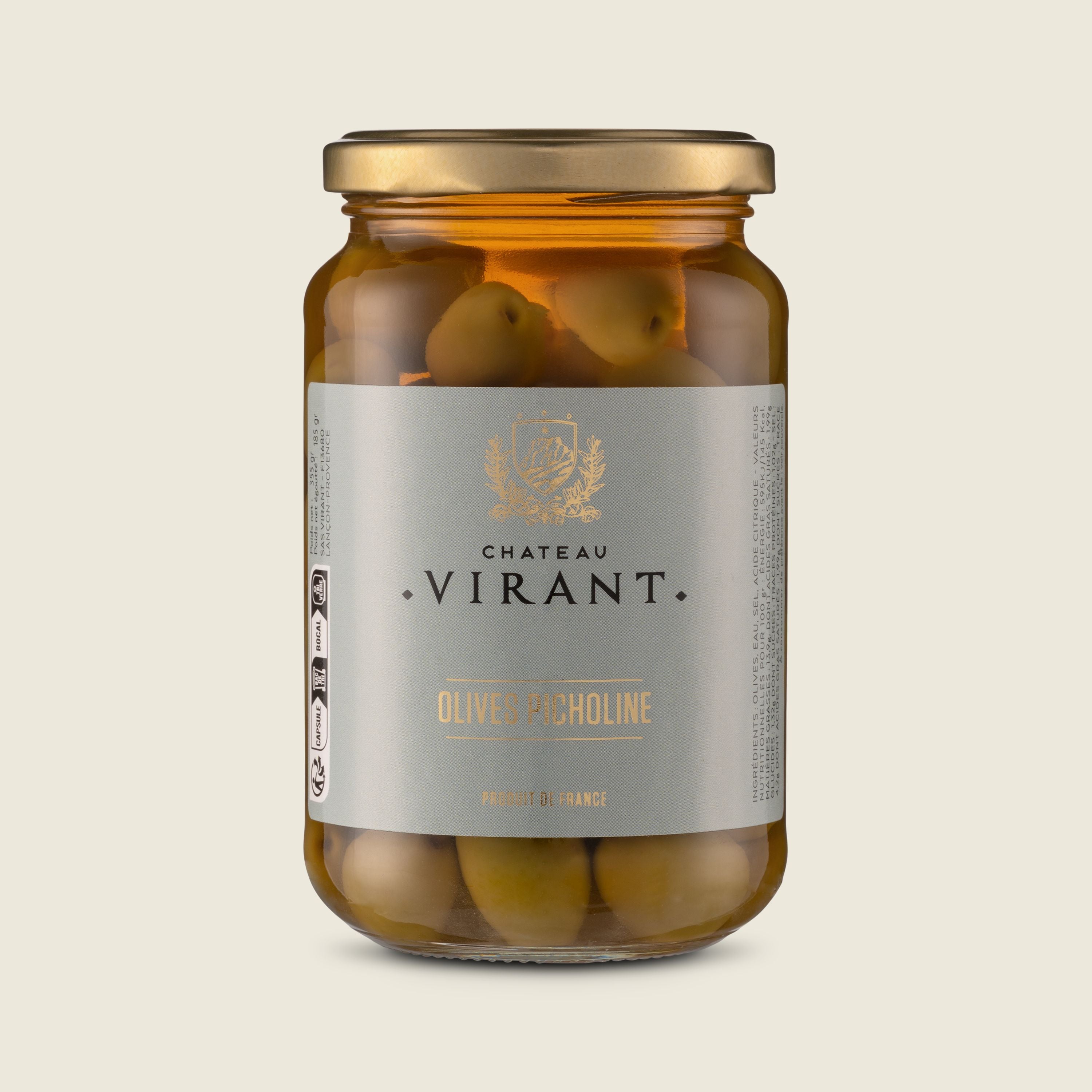 Chateau Virant Olivy odrůdy Piccholine ve slaném nálevu ve skle