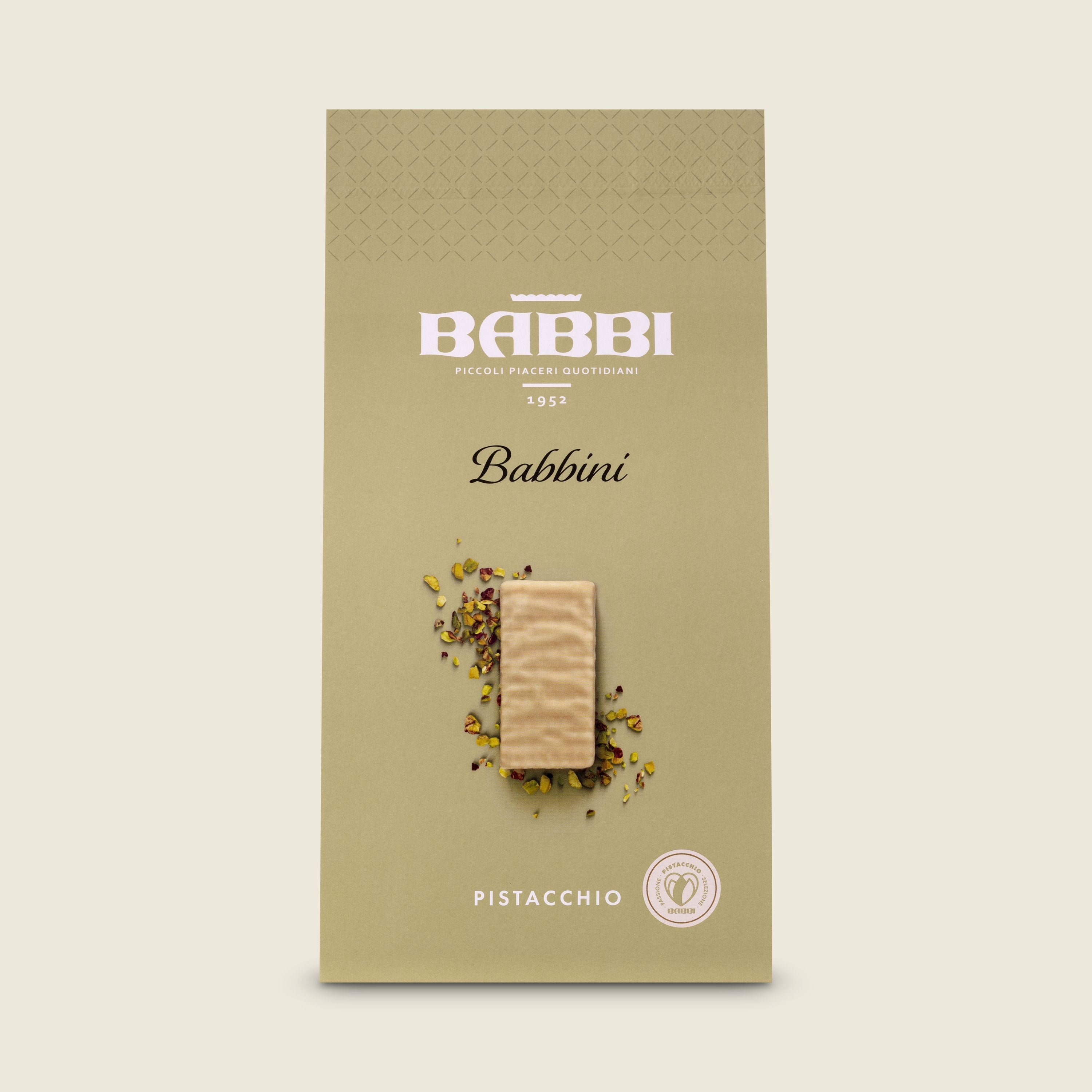 Babbi Babbini malé pišingry potažené tenkou vrstvou bílé čokolády s pistáciovou náplní