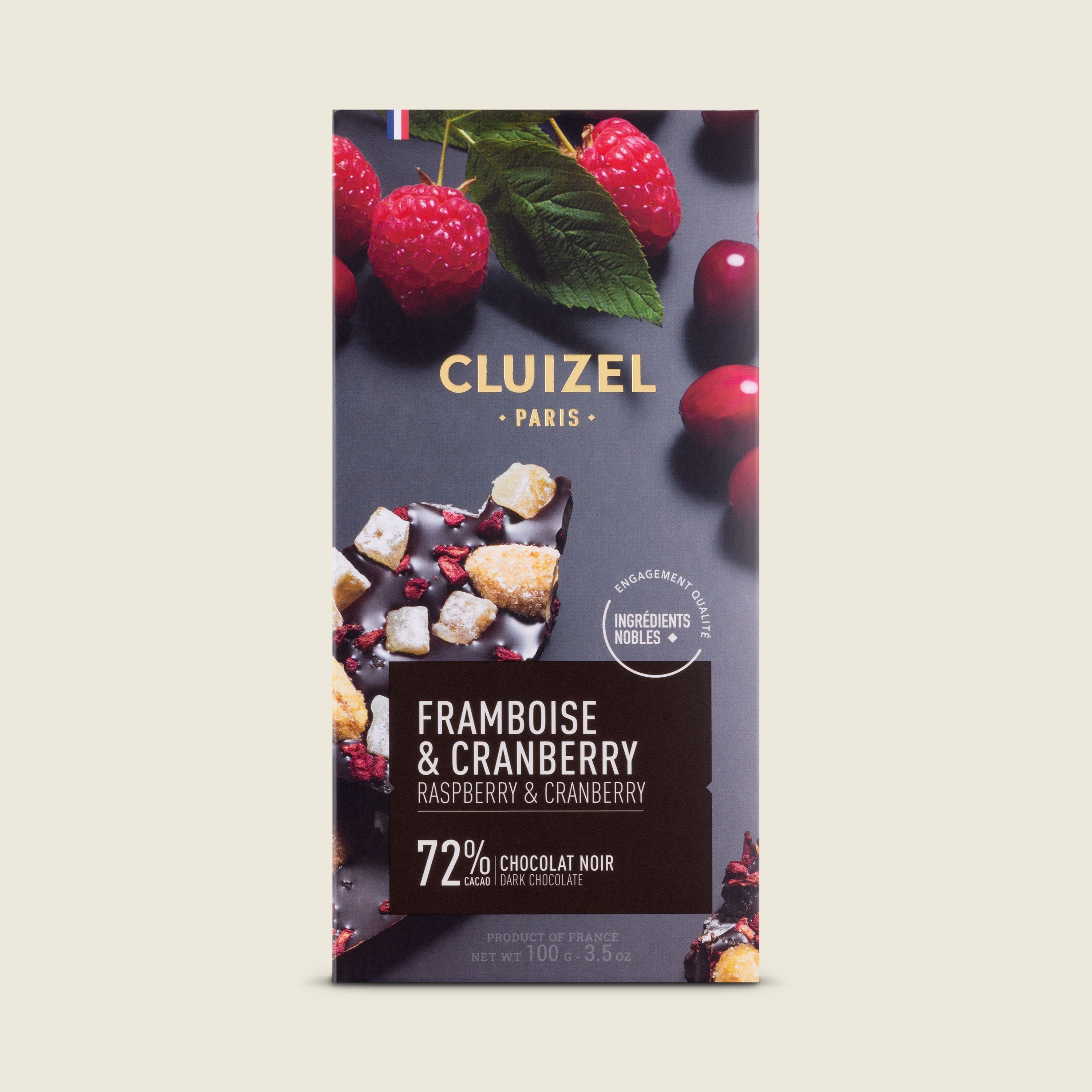 Cluizel Noir 72% Framboise et Cranberry čokoláda hořká s malinami a brusinkami, 100g