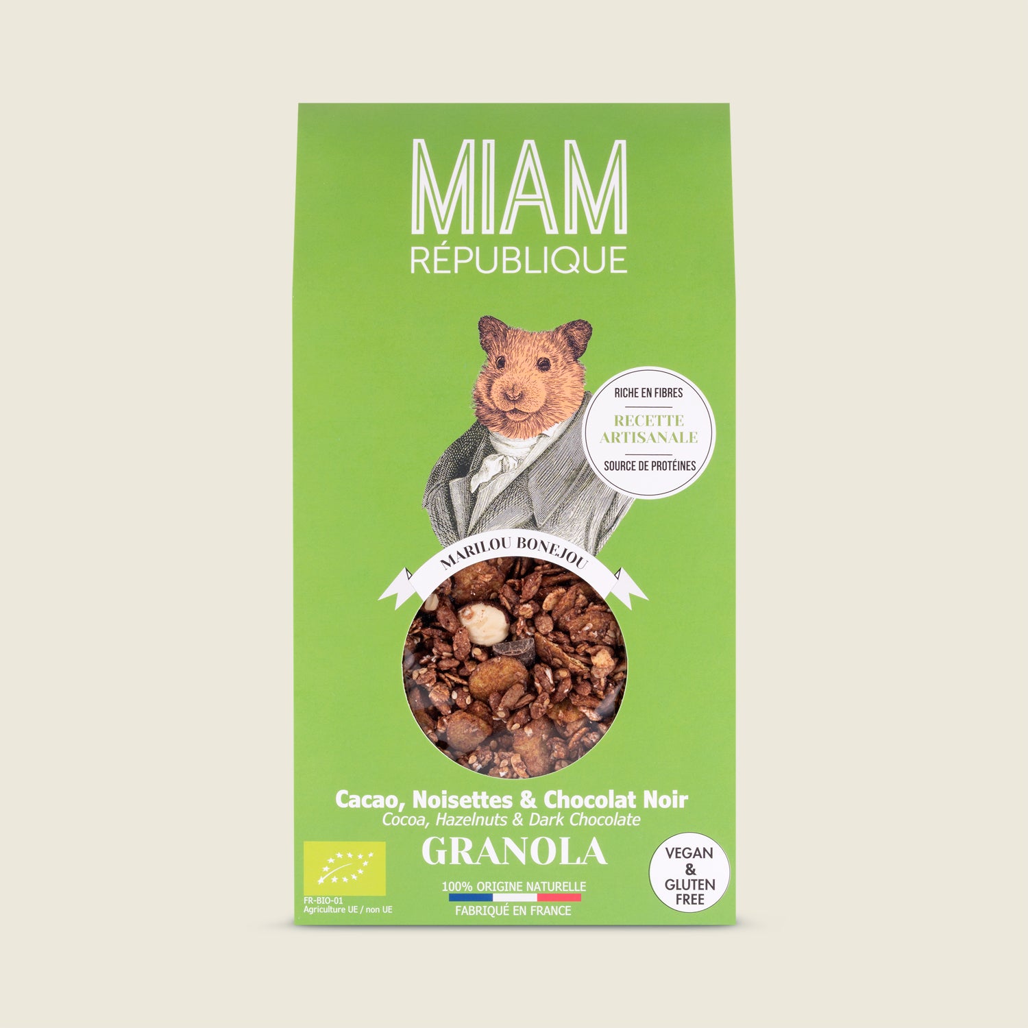Miam République Granola s kakaem, lískovými ořechy a hořkou čokoládou, BIO, 350g