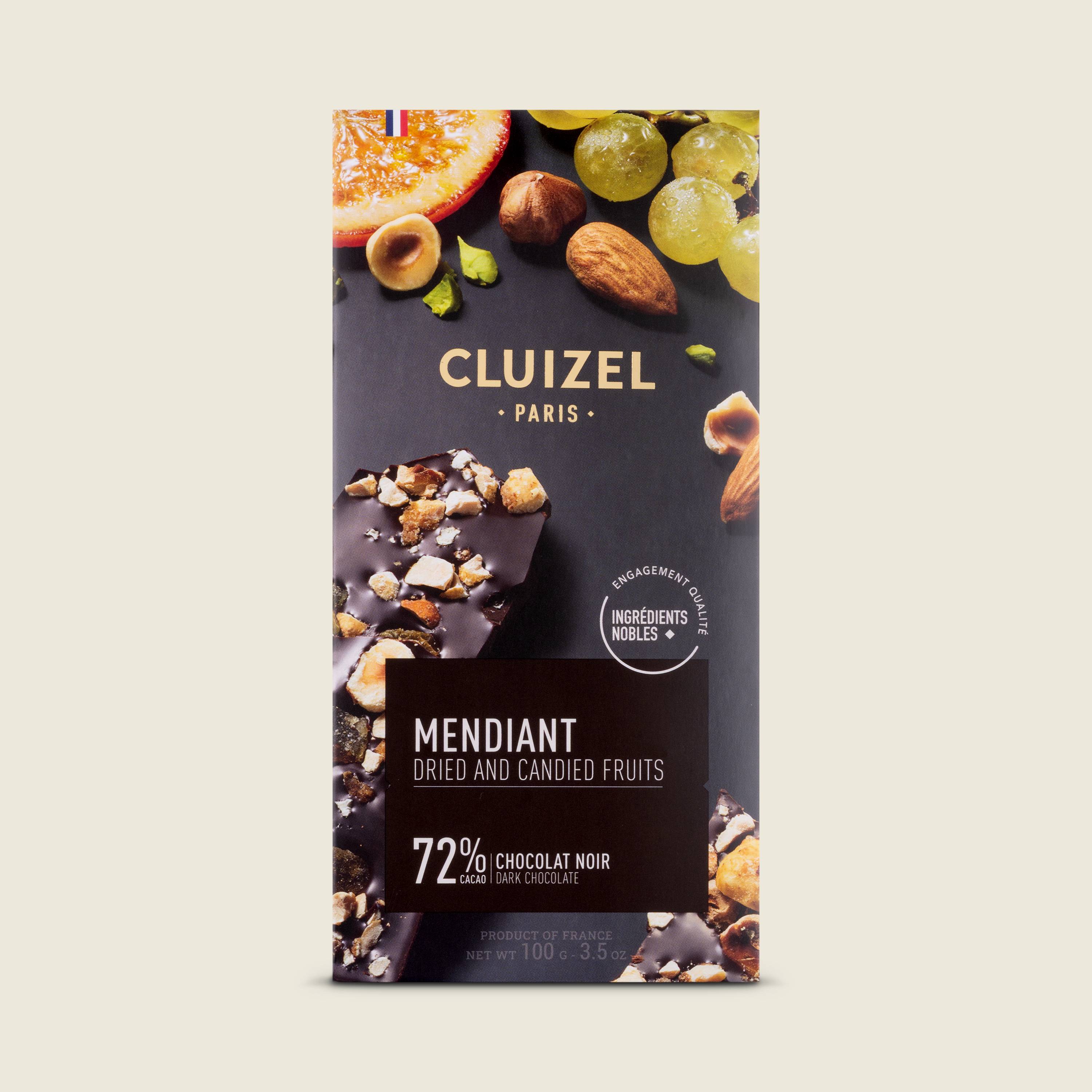 Cluizel Mendiant čokoláda 72% s ořechy a kandovanými pomeranči, 100g